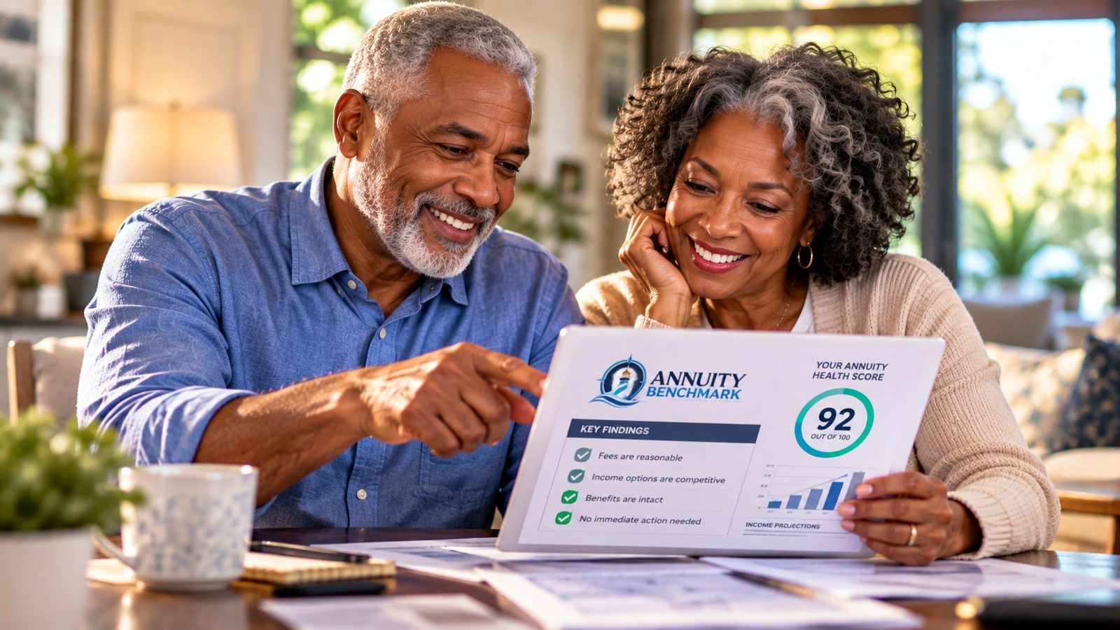 A couple reviewing their Annuity Benchmark report together